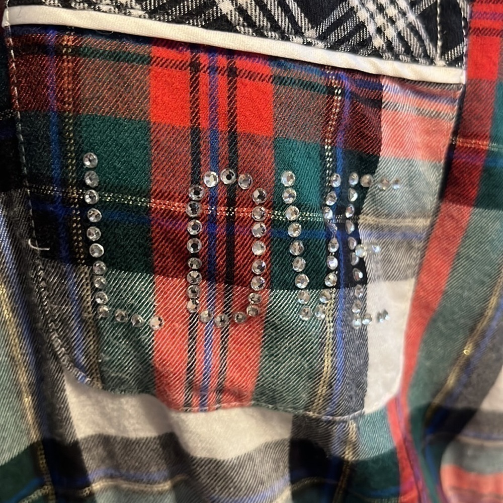 Victoria Secret Flannel Sleep Romper Plaid Red Green Shimmer CRYSTAL Love S - Picture 8 of 9